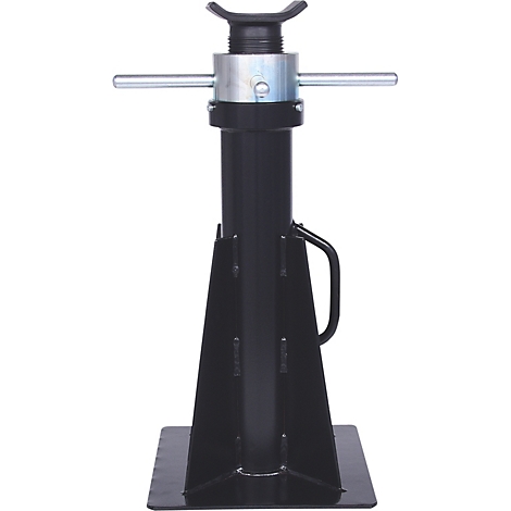 Schwarze, verstellbare Wagenheberstütze. Ein solides, quadratisches Fundament trägt einen sich verjüngenden Ständer und eine verstellbare Oberseite.